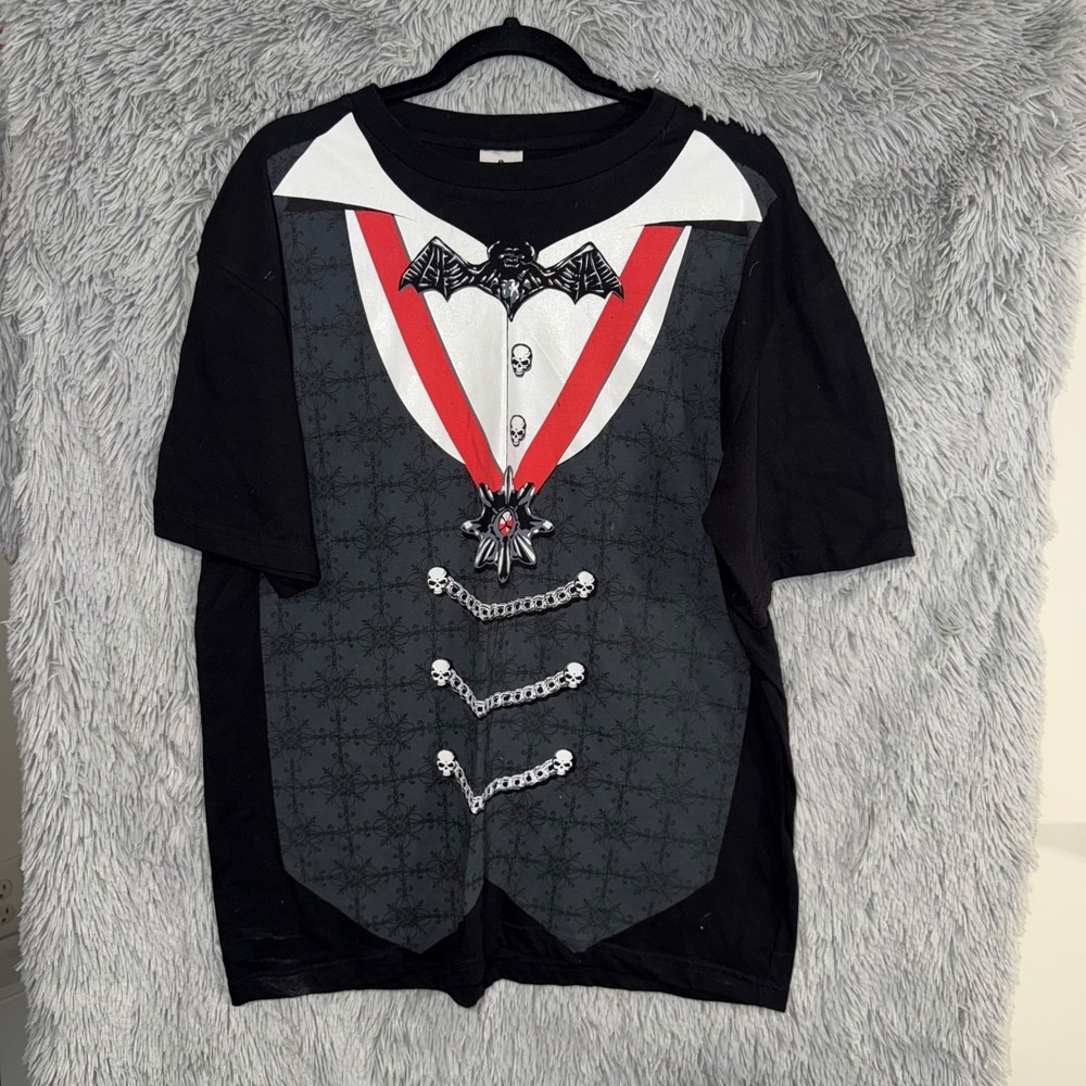 VIV Black Graphic T Shirt Mens L G Vampire Bat‎ Tuxedo Skull Costume Tee